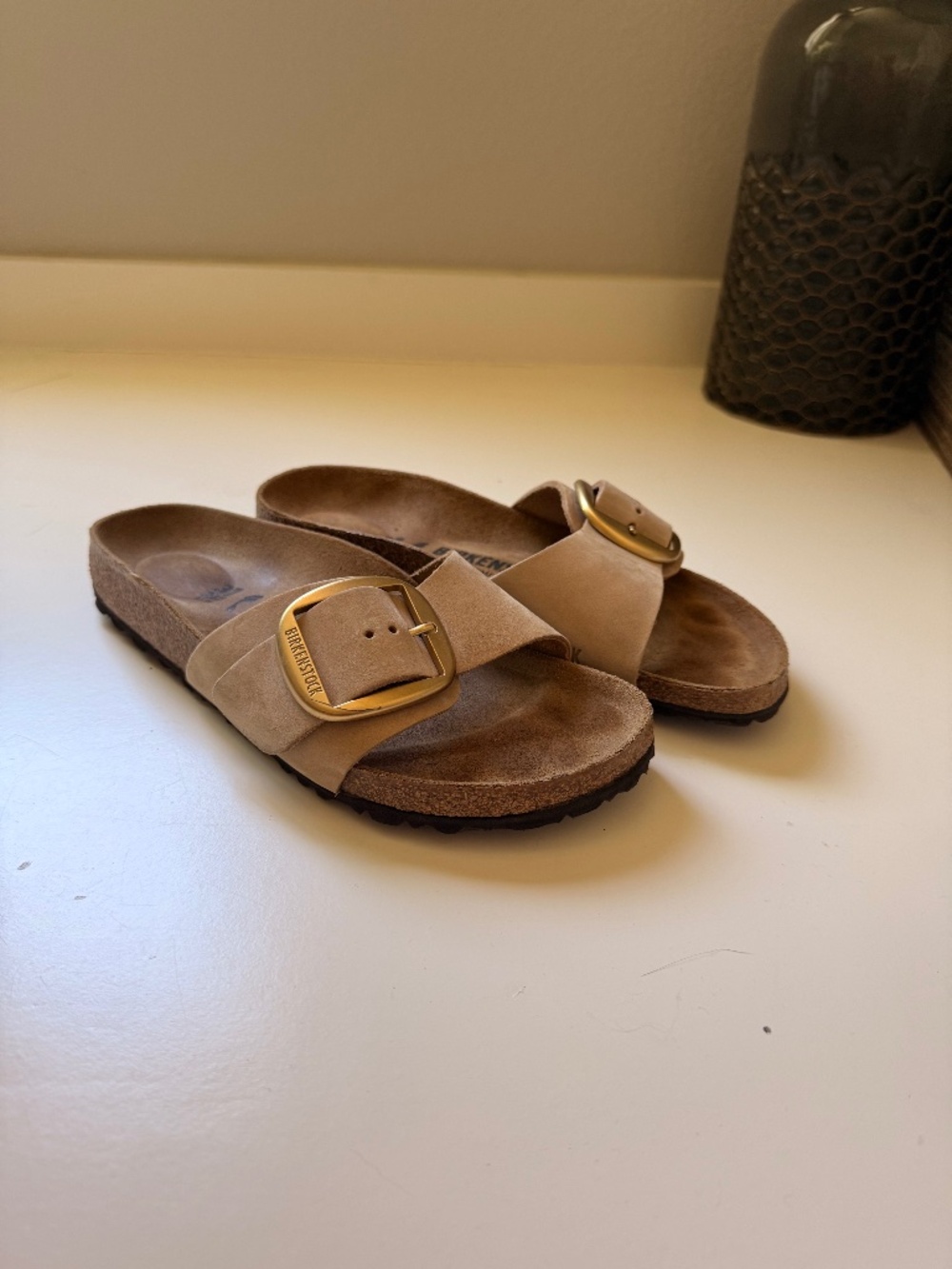 Birkenstock Suede Slide Sandals with Gold Buckles - Beige